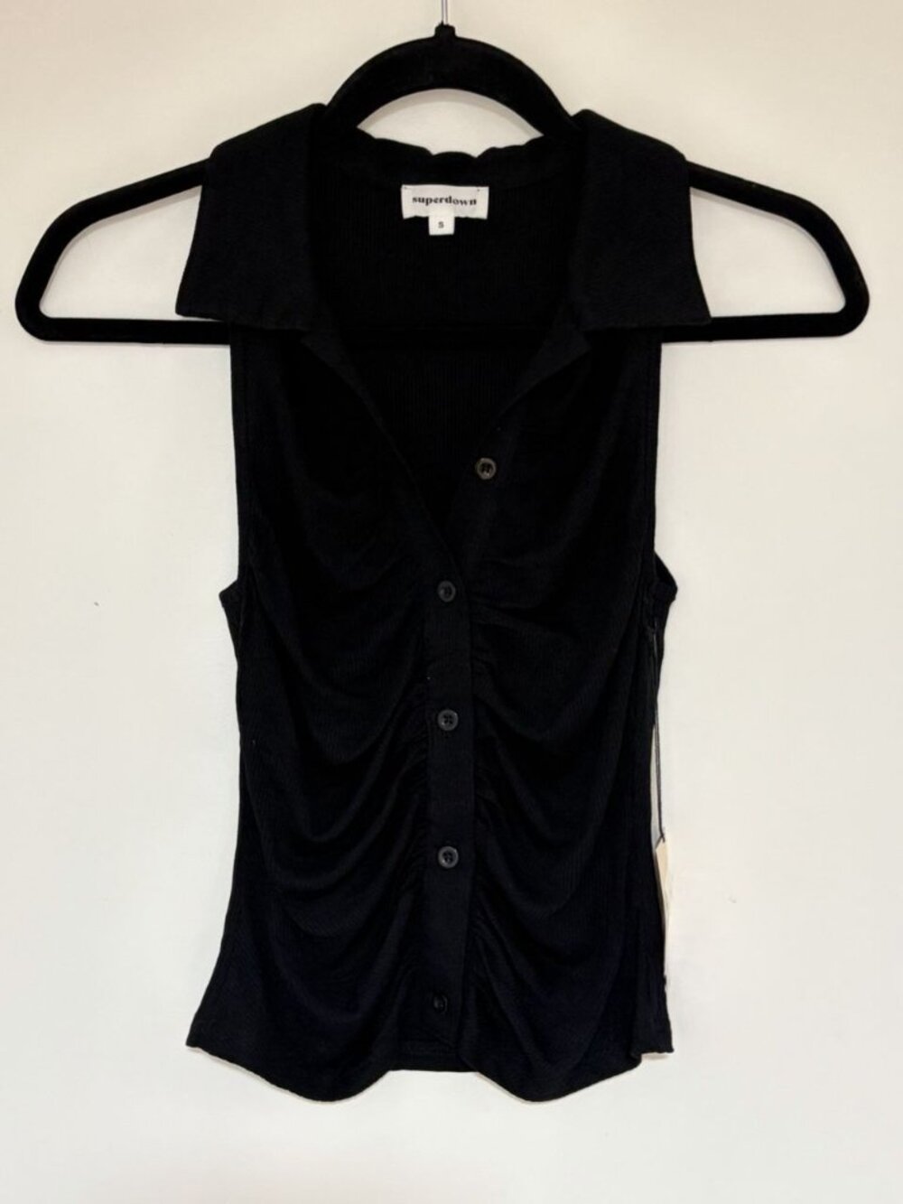 Superdown Women’s Black Ruched Button Front Sleeveless Ribbed Shirt Sz S NWT